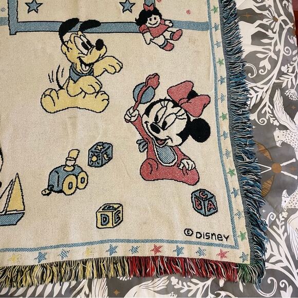 90s Vintage 45” x 53” Disney baby blanket fringe blue white Mickey Mouse toys - Picture 4 of 10